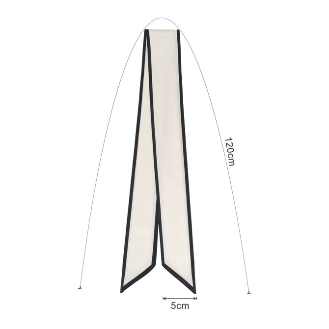 A narrow twill weave scarf in cream and black, measuring 120cm by 5cm, featuring a logo.