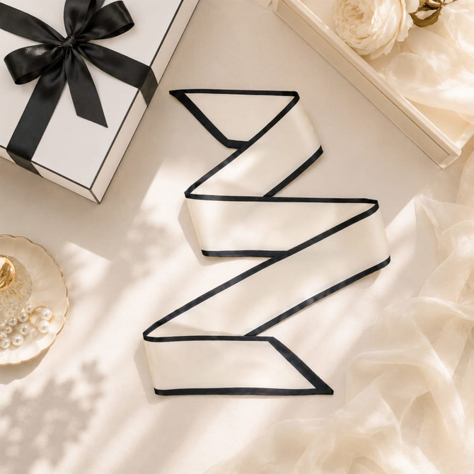 A narrow cream scarf with black edging, displayed elegantly alongside a gift box and decorative items.