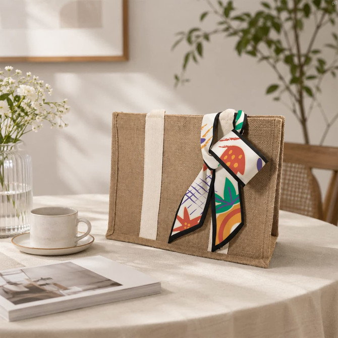 A natural jute bag with a patterned scarf tied to it, placed on a table with a cup and decorative plants.