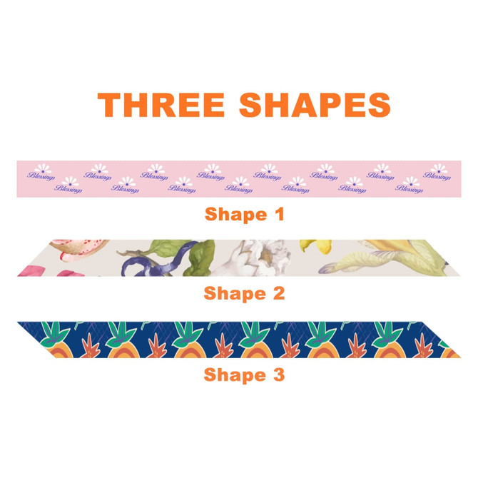 Three patterned ribbons in various designs, showcasing floral and fruit motifs in pink, cream, and blue colours.