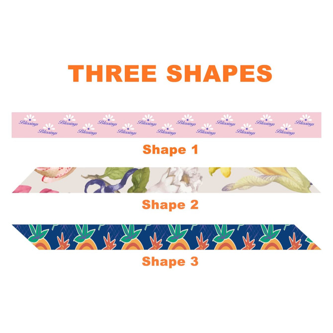 A long scarf featuring three distinct designs: floral, abstract patterns, and a fruit motif, with a branded logo.