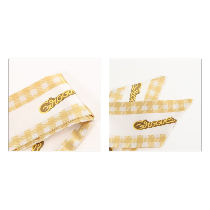 A satin narrow scarf featuring a yellow and white checkered pattern with a gold logo.