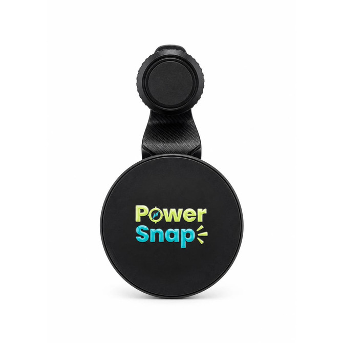 A black car phone holder with a round shape and a branding logo on the front.