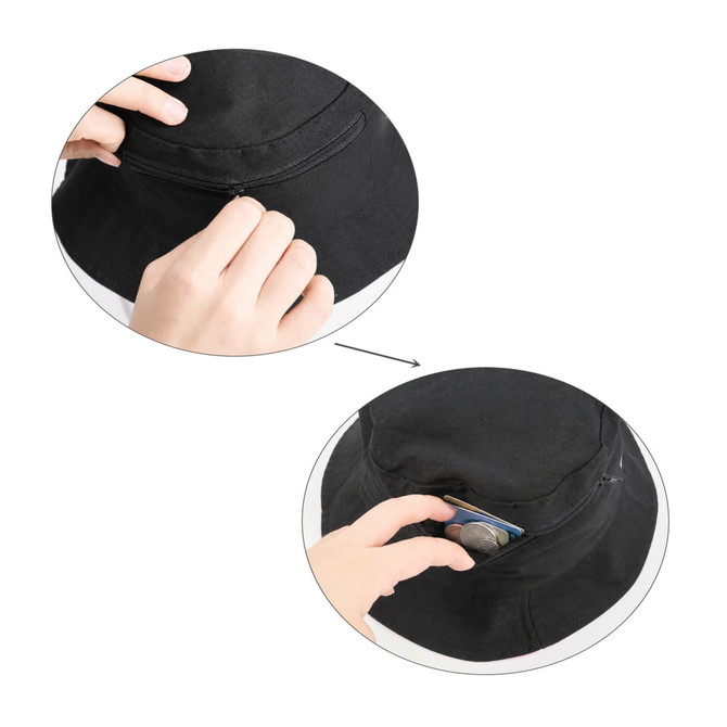 A black bucket hat with a zippered pocket, showing hands placing an item into the pocket.