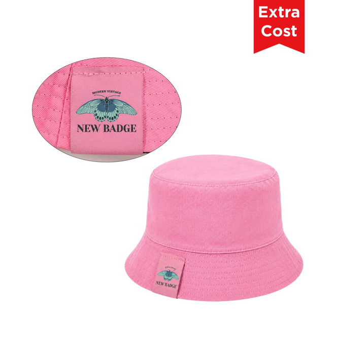 A pink bucket hat with a card pocket and a logo on the side.