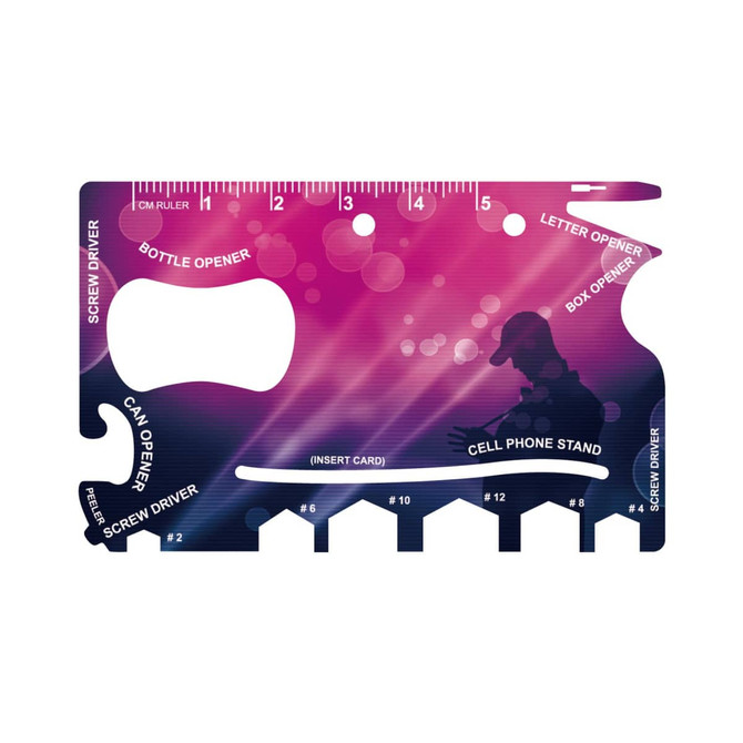 A card-sized multi-tool featuring various functions including a bottle opener, can opener, and phone stand, in vibrant purple tones.
