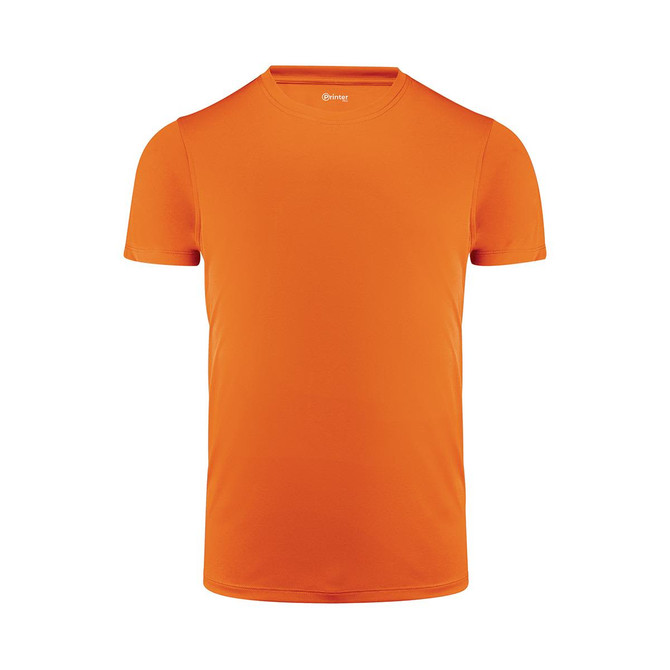 An orange men's active tee with a round neckline and short sleeves. The shirt features a logo on the front.