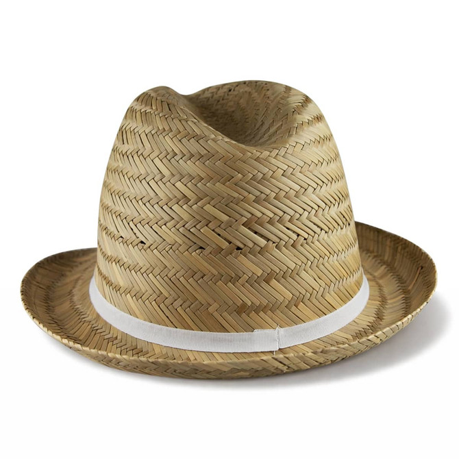 A Panama straw hat in a natural tan colour with a white band around the base. It features a classic, woven design.