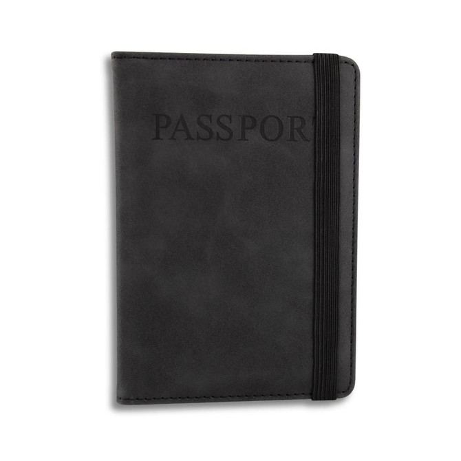 A black passport wallet featuring a secure elastic band and embossed "PASSPORT" detail on the front.