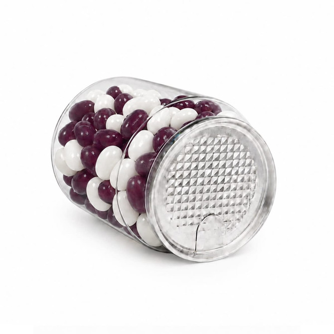 Clear canister filled with purple and white jelly beans, featuring a textured lid and a transparent design.