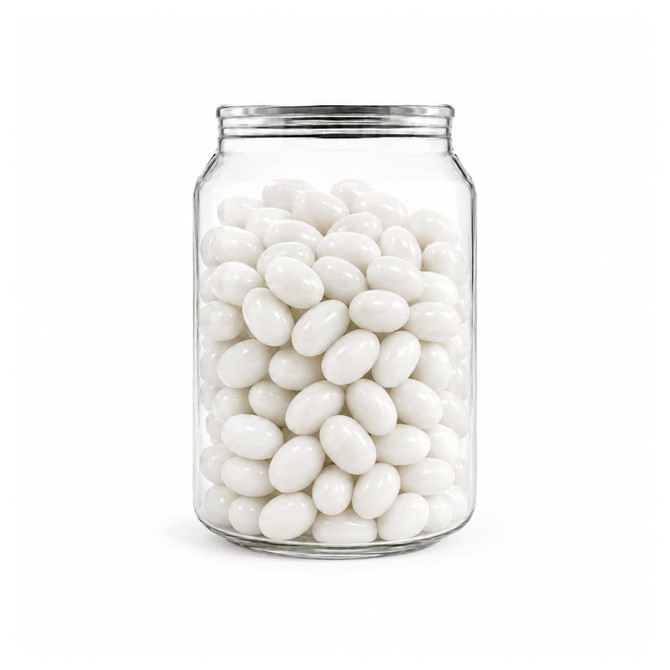 A clear jar filled with white jelly beans, showcasing a smooth and glossy finish.