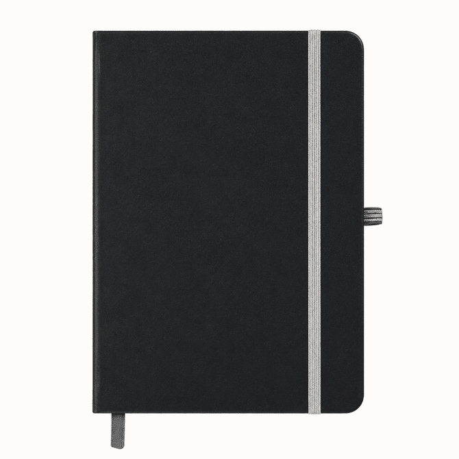 A black A5 notebook with a grey elastic band and ribbon bookmark, featuring a subtle logo on the cover.