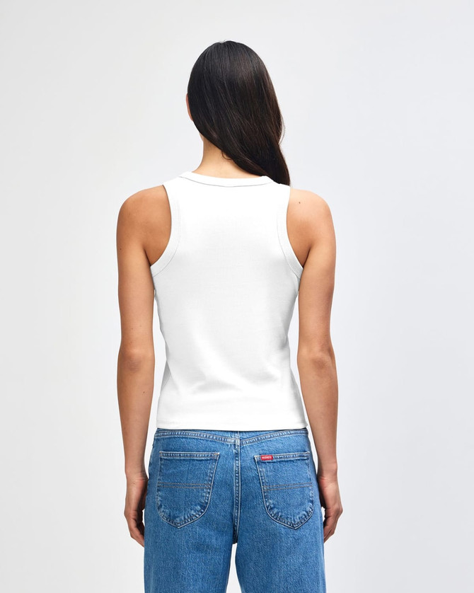 A white fitted tank top displayed from the back, featuring a simple design and a branding logo.