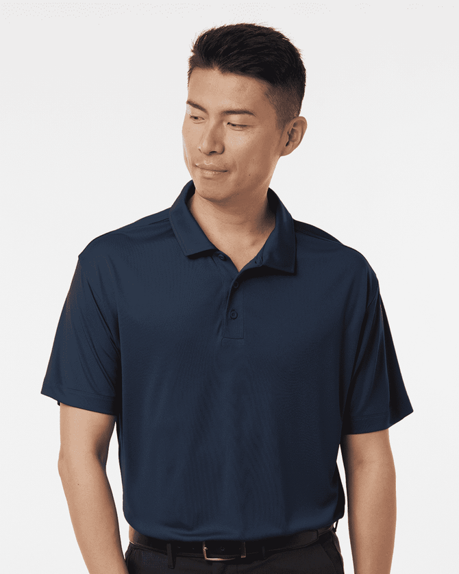 A navy blue men's polo shirt with a collar and short sleeves, featuring a logo on the chest area.