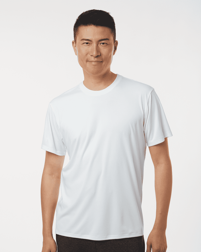 A men's white performance polo shirt featuring short sleeves and a subtle logo.