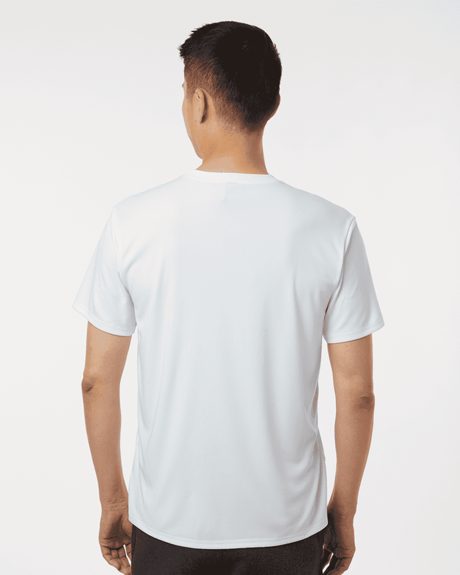 A white men's polo shirt featuring a smooth fabric and a logo on the back.