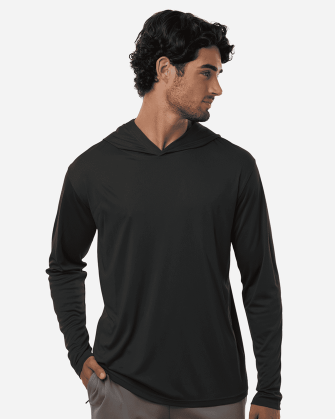 A black performance polo featuring a hood, designed for comfort and style. It has a logo on the chest area.