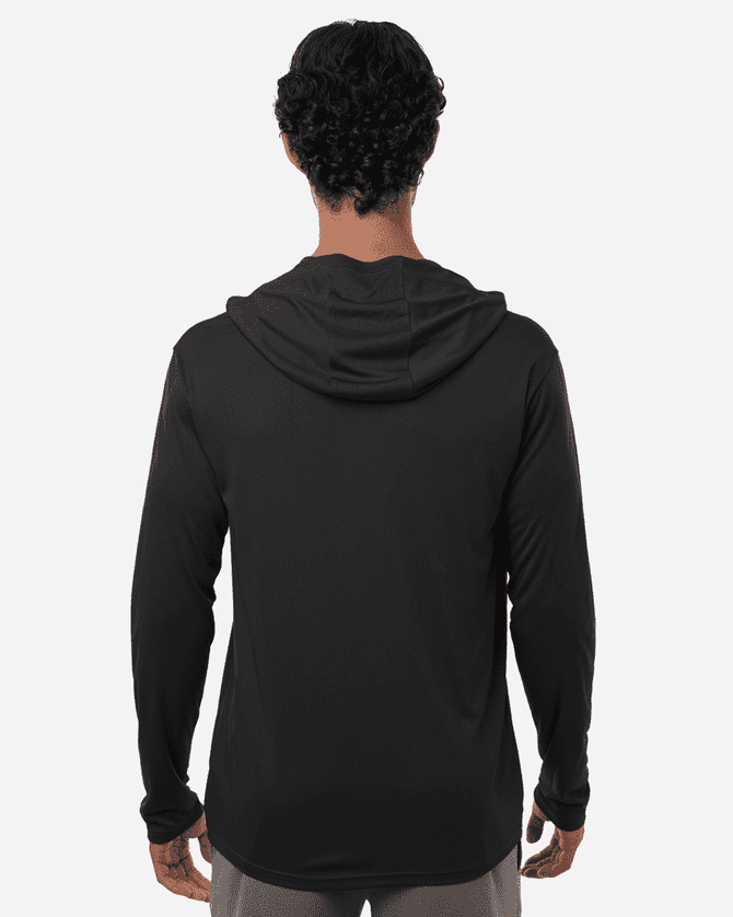 A black performance polo shirt with a hoodie, featuring a back view of a model. Includes a logo on the shirt.
