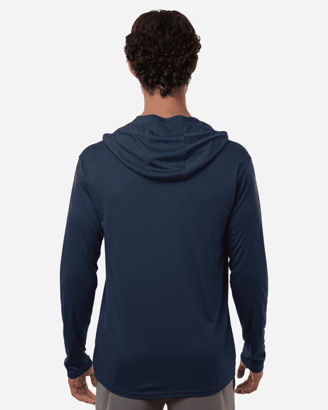 A navy performance polo shirt with a hood, featuring a fitted silhouette and long sleeves. It has a logo on the chest.