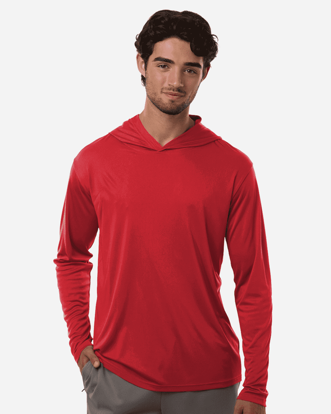 A red men's long sleeve performance polo featuring a hood and a logo.