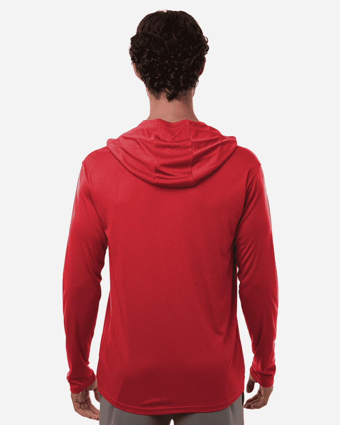 A red performance polo shirt with a hood, featuring a logo design on the back.