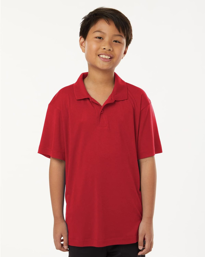 A red men's polo shirt with a collar, featuring short sleeves and a logo.