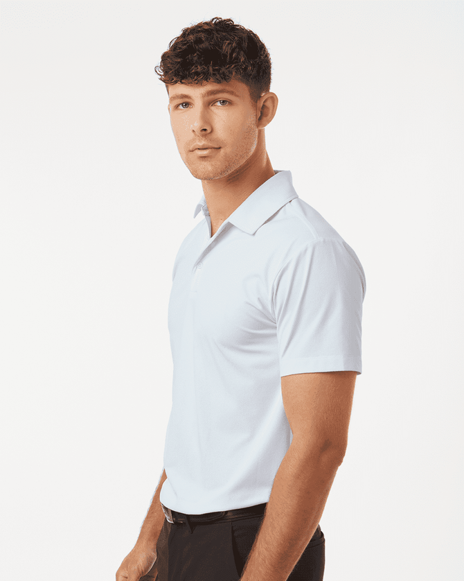 A men's light blue polo shirt with a collar, featuring a logo on the chest.