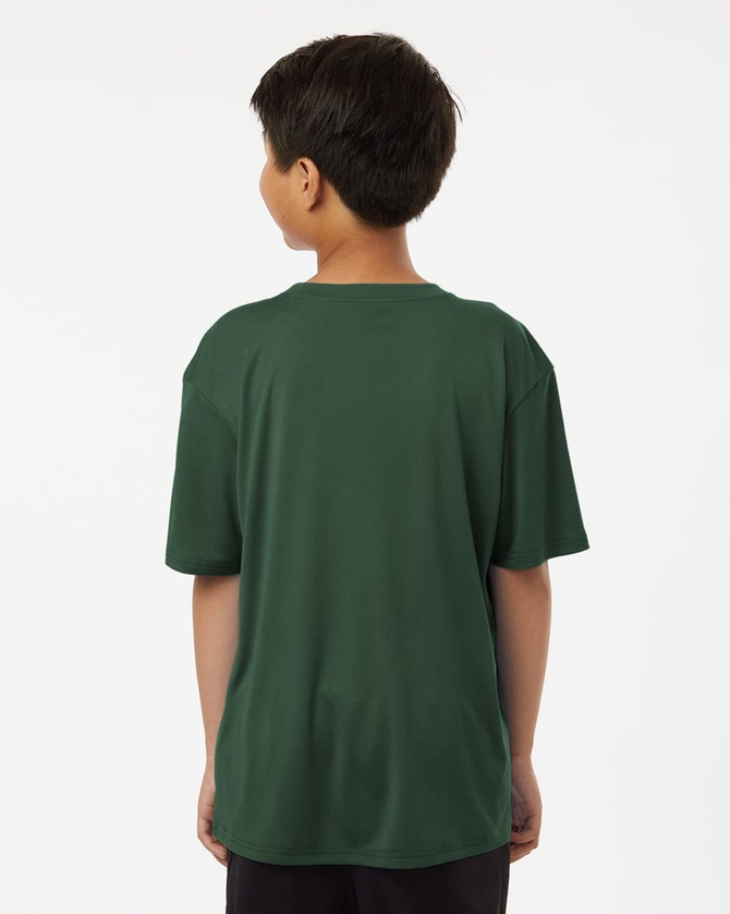 A green polo shirt with short sleeves, featuring a logo, viewed from the back on a young model.