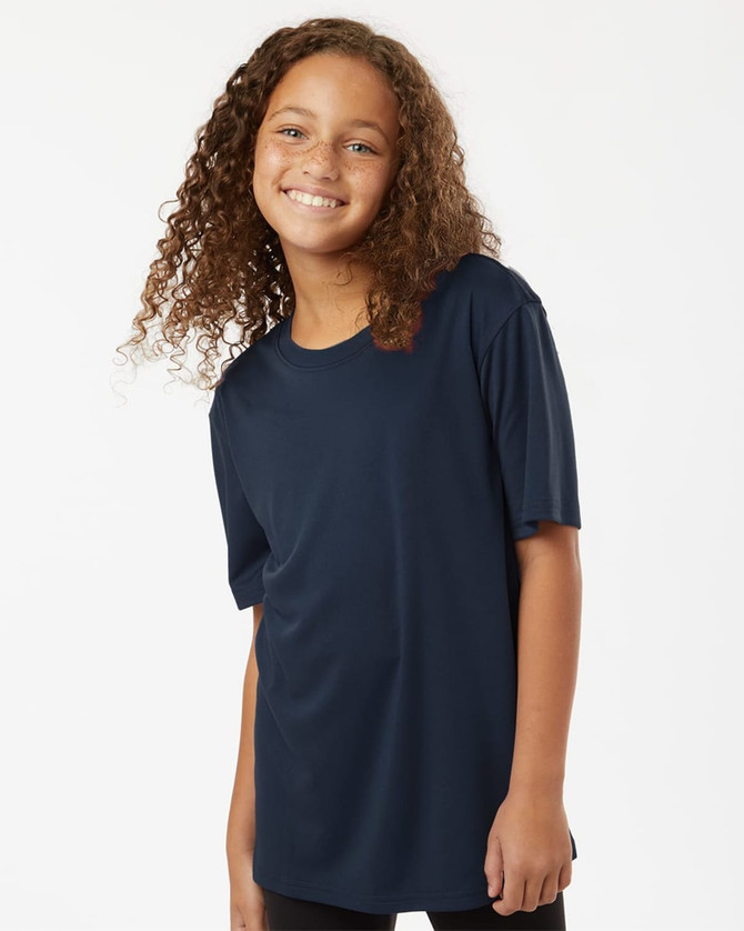 A navy performance polo shirt featuring short sleeves and a relaxed fit. It has a brand logo on it.