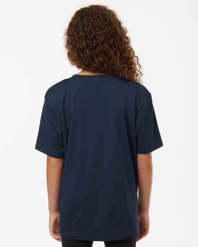 A navy blue performance polo shirt with a relaxed fit, featuring short sleeves and a smooth back design.