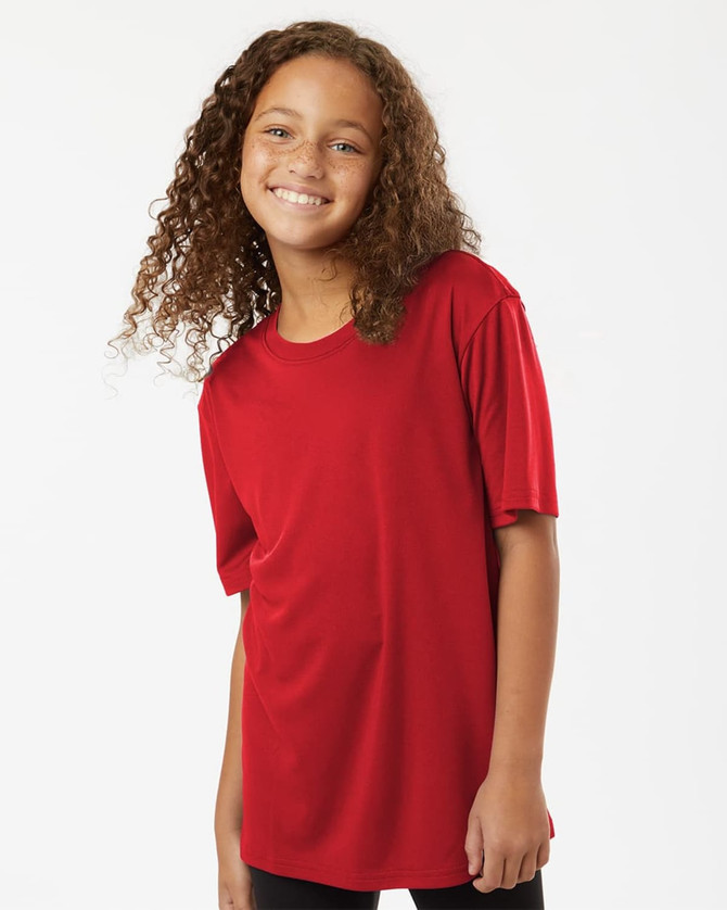 A red short-sleeve polo shirt with a loose fit, designed for comfort and performance. Features a branded logo.