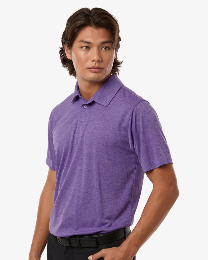 A purple polo shirt with a classic collar and short sleeves, featuring a logo on the chest.