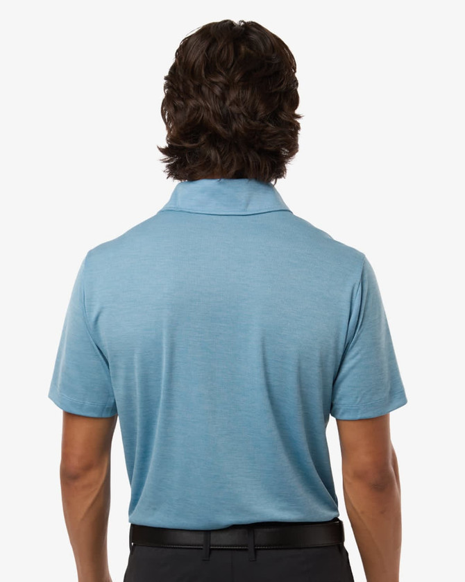 A men's polo shirt in blue, featuring a classic collar and short sleeves, shown from the back. It has a logo on the chest.