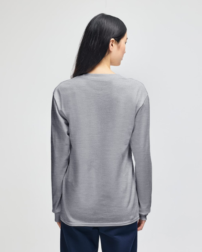 A grey long-sleeve t-shirt featuring a plain back view and a logo on the lower side.
