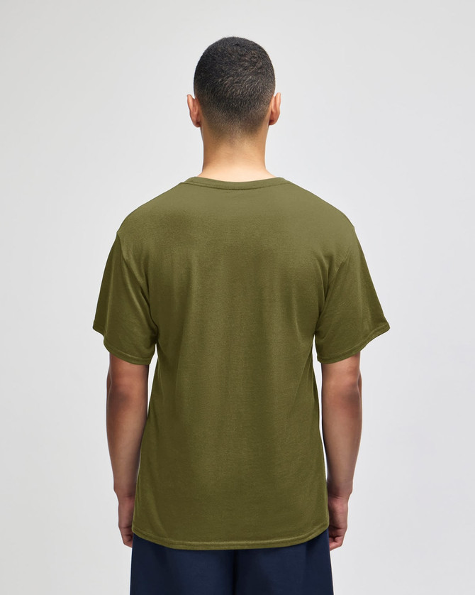 An olive green short sleeve t-shirt viewed from the back, featuring a logo on the upper area.