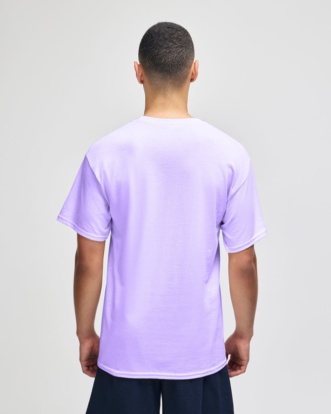 A purple short sleeve t-shirt with a relaxed fit and a logo on the back, showcased on a model.