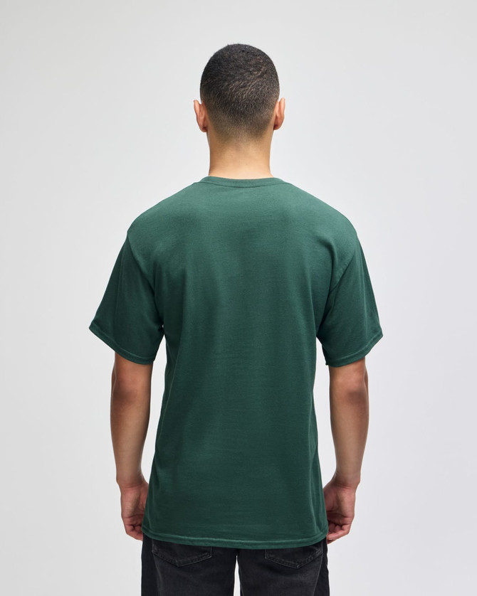 A green Champion Adult Jersey Short Sleeve T-Shirt viewed from the back, featuring short sleeves and a simple design.