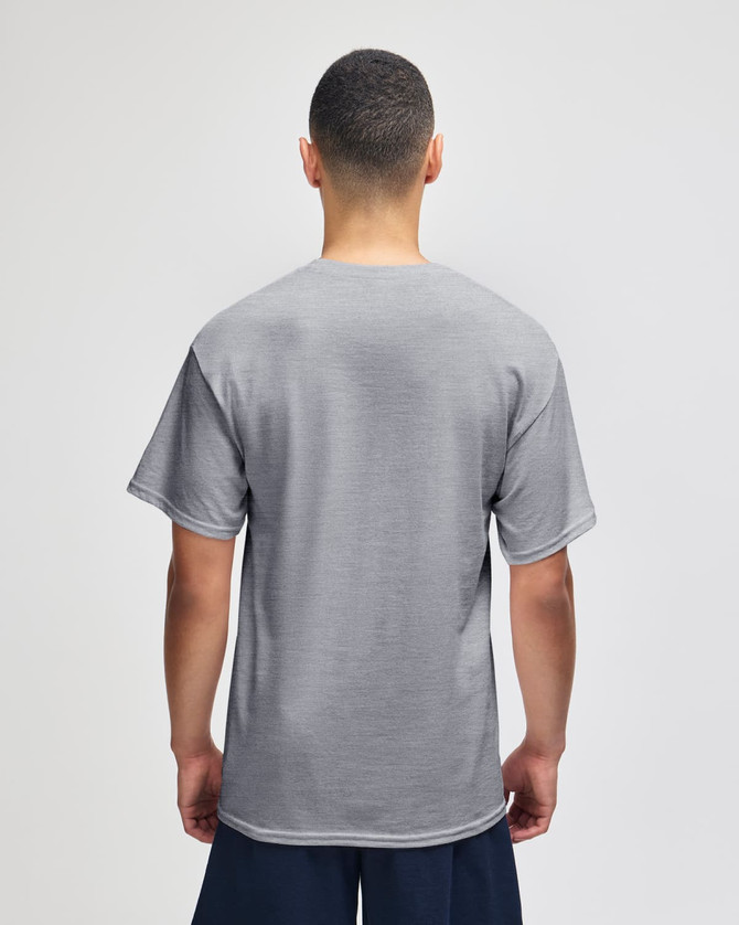 A grey Champion Adult Jersey Short Sleeve T-Shirt with a classic fit, featuring a logo on the back.