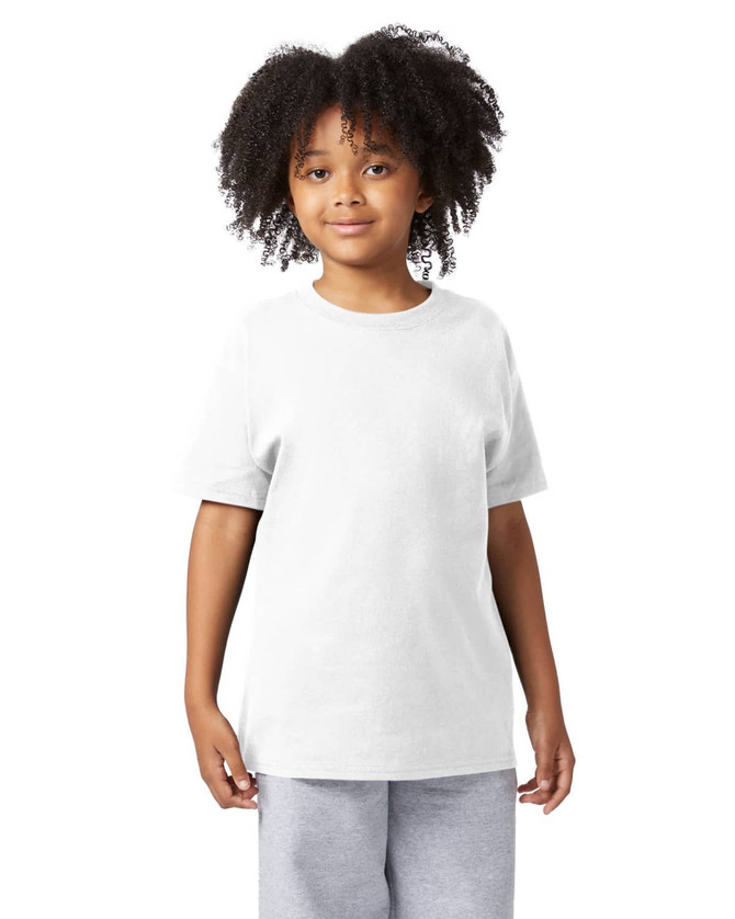 A youth short sleeve T-shirt in white, featuring a round neck and a relaxed fit. It has a logo on the fabric.