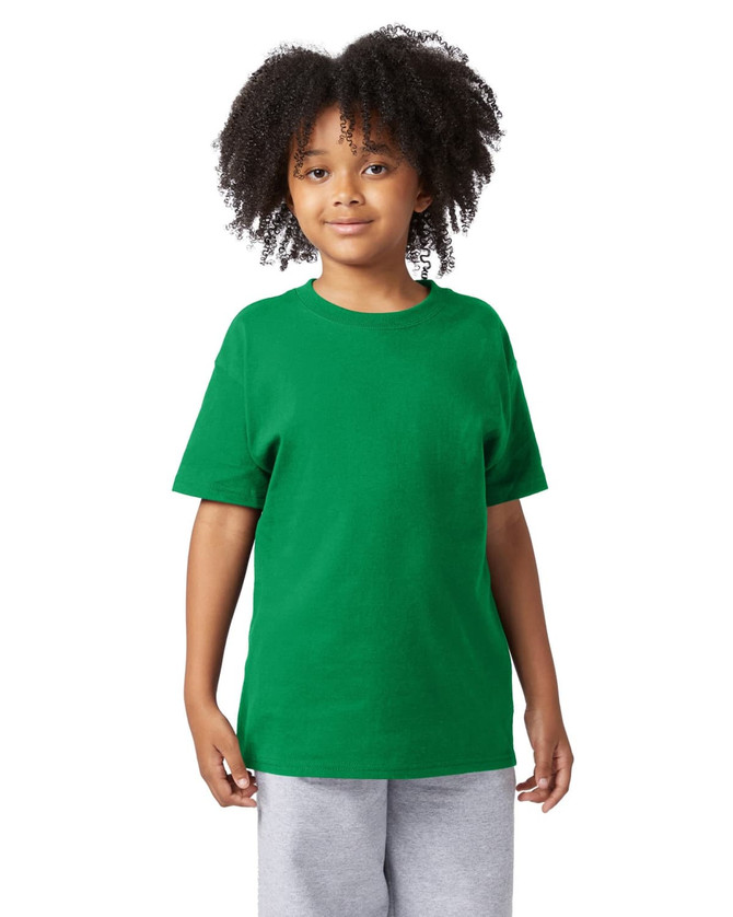 A green short sleeve youth jersey t-shirt displayed on a child with curly hair, featuring a logo.
