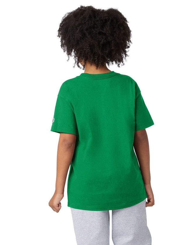 A green short sleeve t-shirt featuring a logo, viewed from the back.