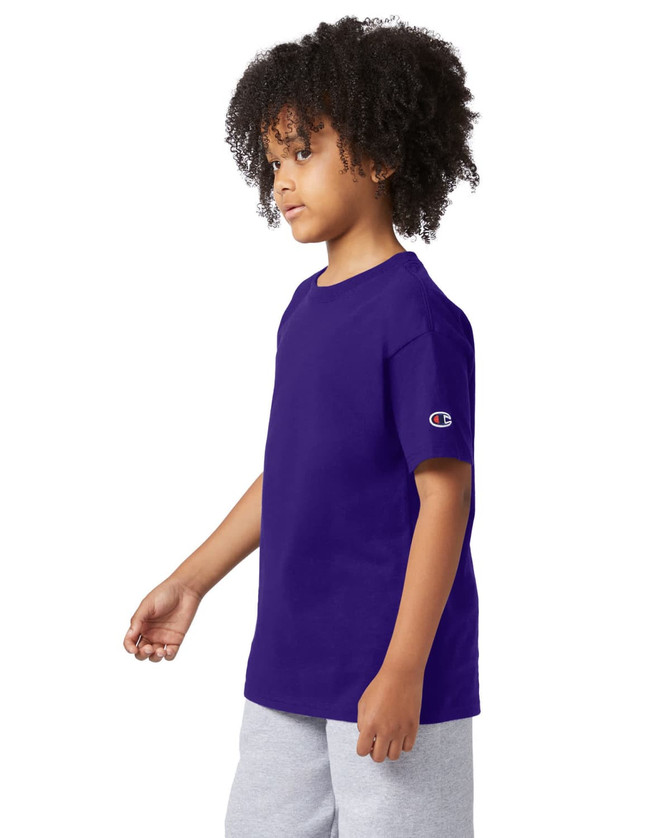 A purple short sleeve jersey t-shirt for youth, featuring a branding logo on the sleeve.