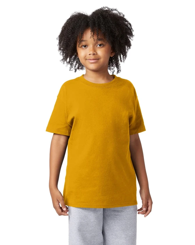 A youth short sleeve t-shirt in mustard yellow, featuring a logo on the front, worn by a child.