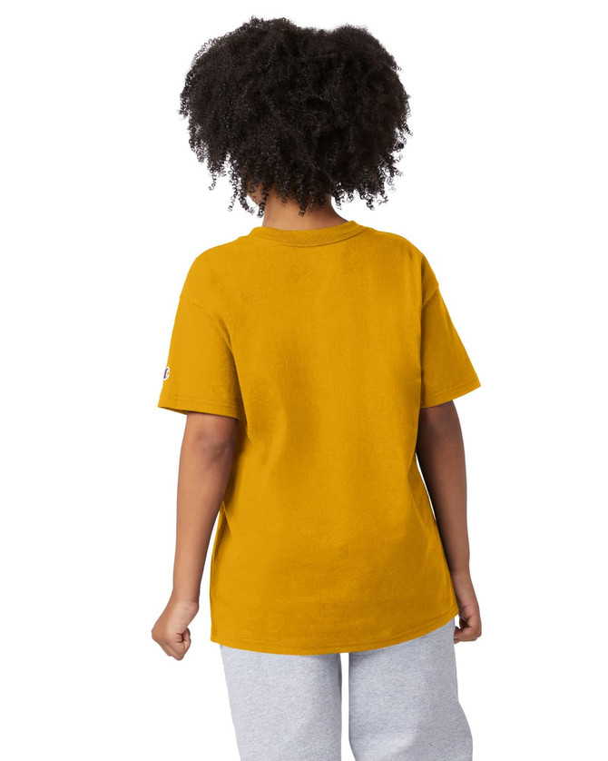 A yellow Champion Youth Jersey Short Sleeve T-Shirt viewed from the back, featuring short sleeves and a casual fit.