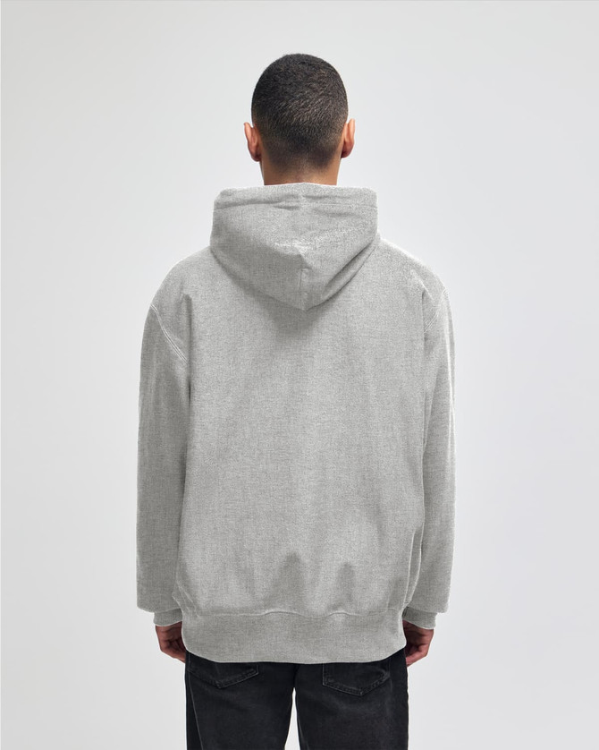 A grey hooded sweatshirt featuring a kangaroo pocket and a logo on the back.