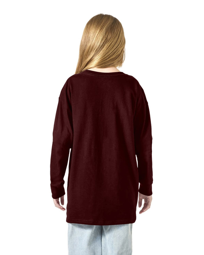 A long sleeve t-shirt in burgundy, featuring a simple design and a logo, viewed from the back.
