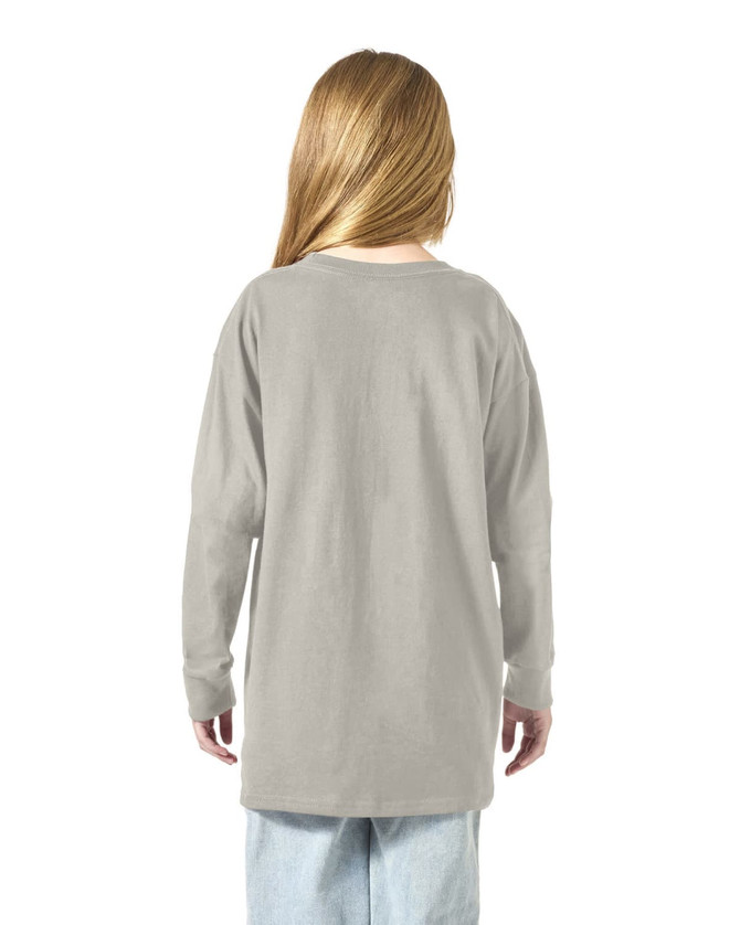 A long sleeve youth t-shirt in light grey, featuring a simple design and a branding logo on the back.