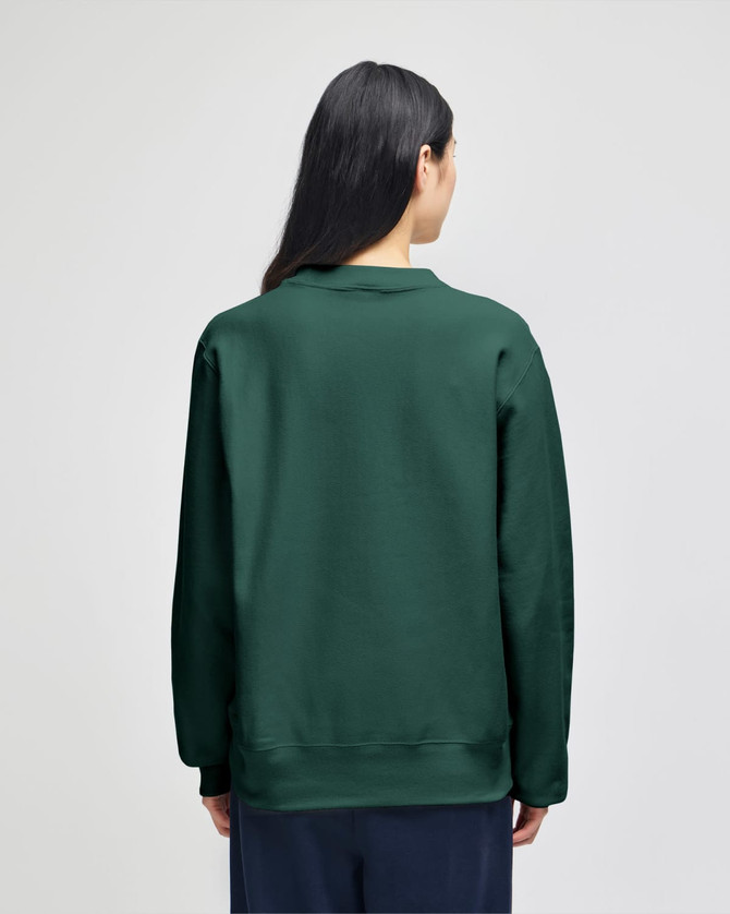 A back view of an olive green adult crew sweatshirt, featuring a relaxed fit and a logo.