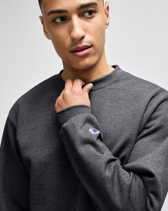 A grey adult crewneck sweatshirt with a branded logo on the sleeve, featuring a relaxed fit and soft fabric.
