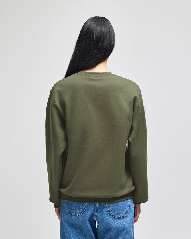 An olive green crewneck sweatshirt viewed from the back, featuring a relaxed fit and long sleeves.